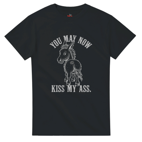Black t-shirt with a graphic of a donkey and text on a white background