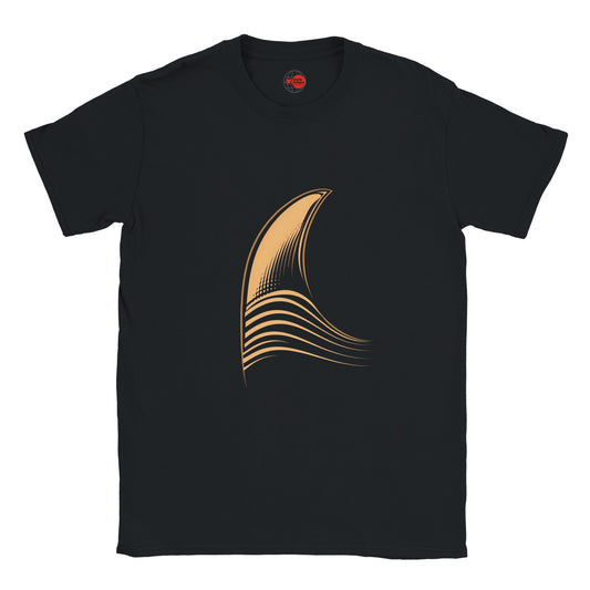 Black t-shirt with a gold abstract design on a white background