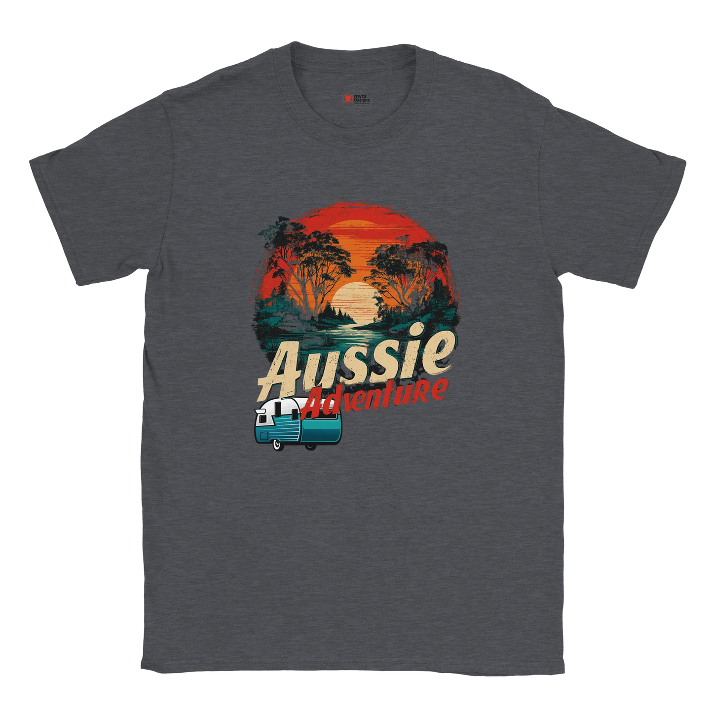 Dark Heather t-shirt with 'Aussie Adventure' graphic design on a white background