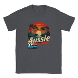 Dark Heather t-shirt with 'Aussie Adventure' graphic design on a white background