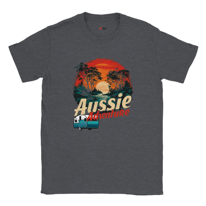 Dark Heather t-shirt with 'Aussie Adventure' graphic design on a white background