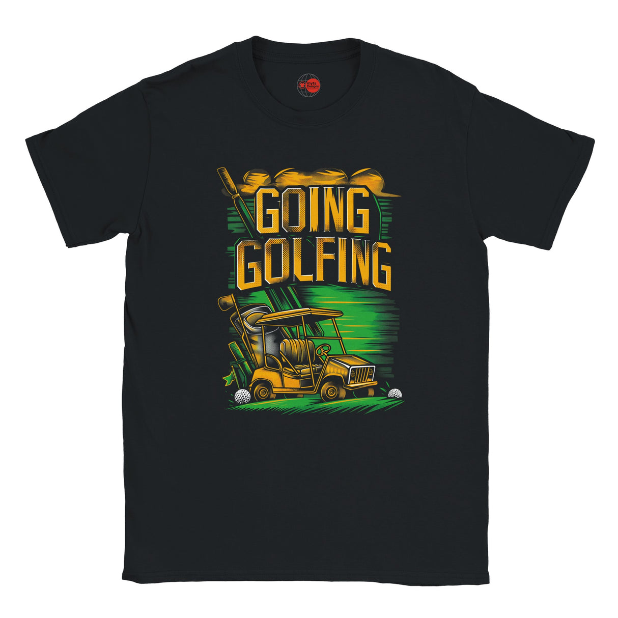 Black t-shirt with 'Going Golfing' graphic design featuring a golf cart and golf clubs on a white background.
