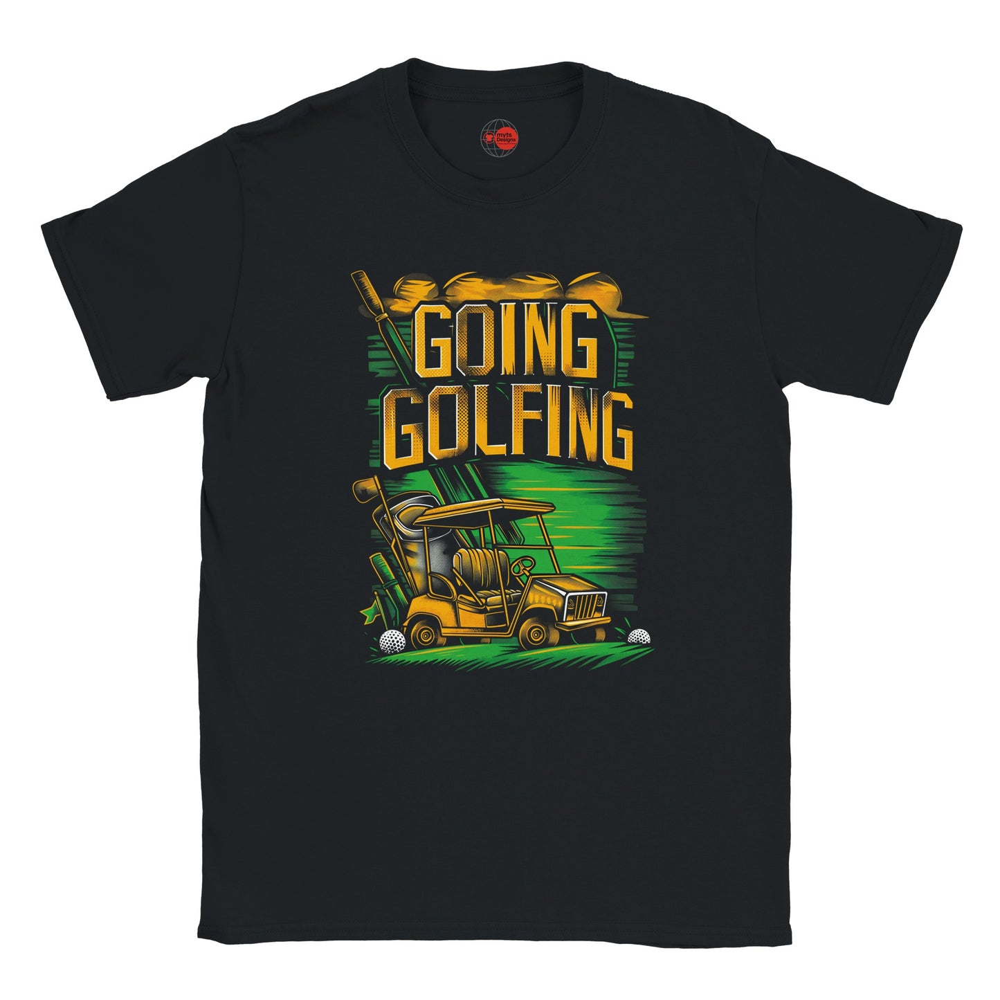 Black t-shirt with 'Going Golfing' graphic design featuring a golf cart and golf clubs on a white background.