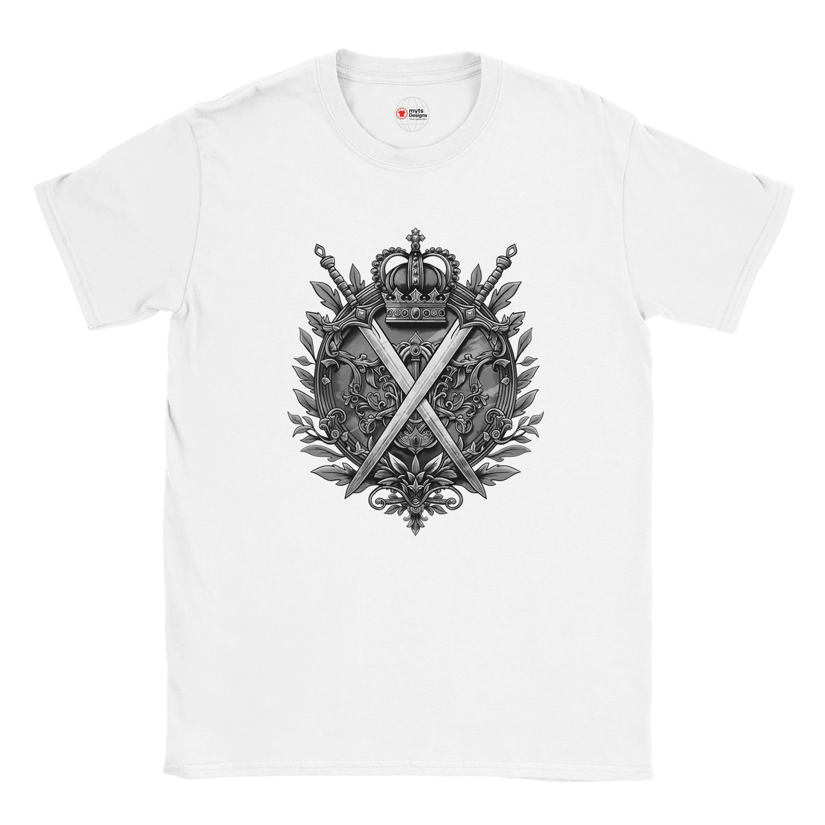 White t-shirt with a black and gray emblem design on a white background