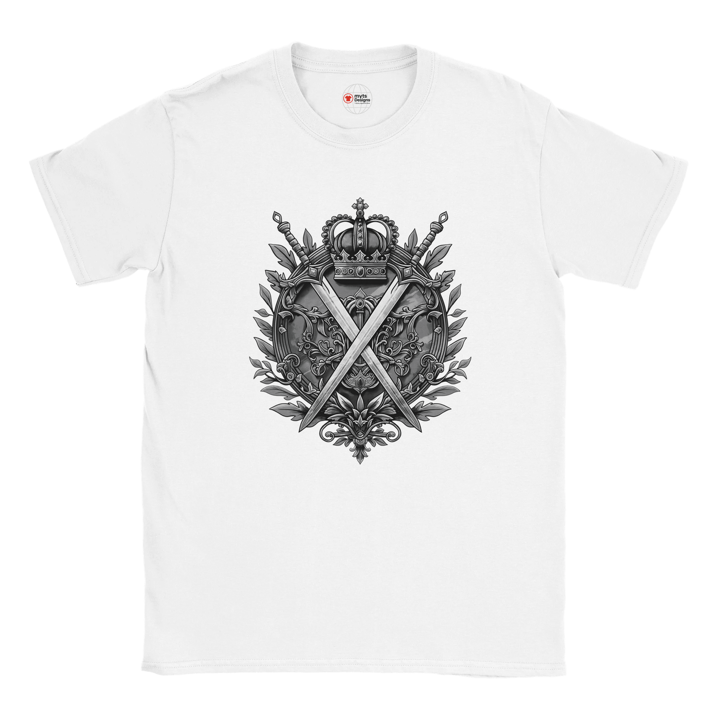 White t-shirt with a black and gray emblem design on a white background