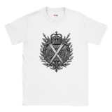White t-shirt with a black and gray emblem design on a white background