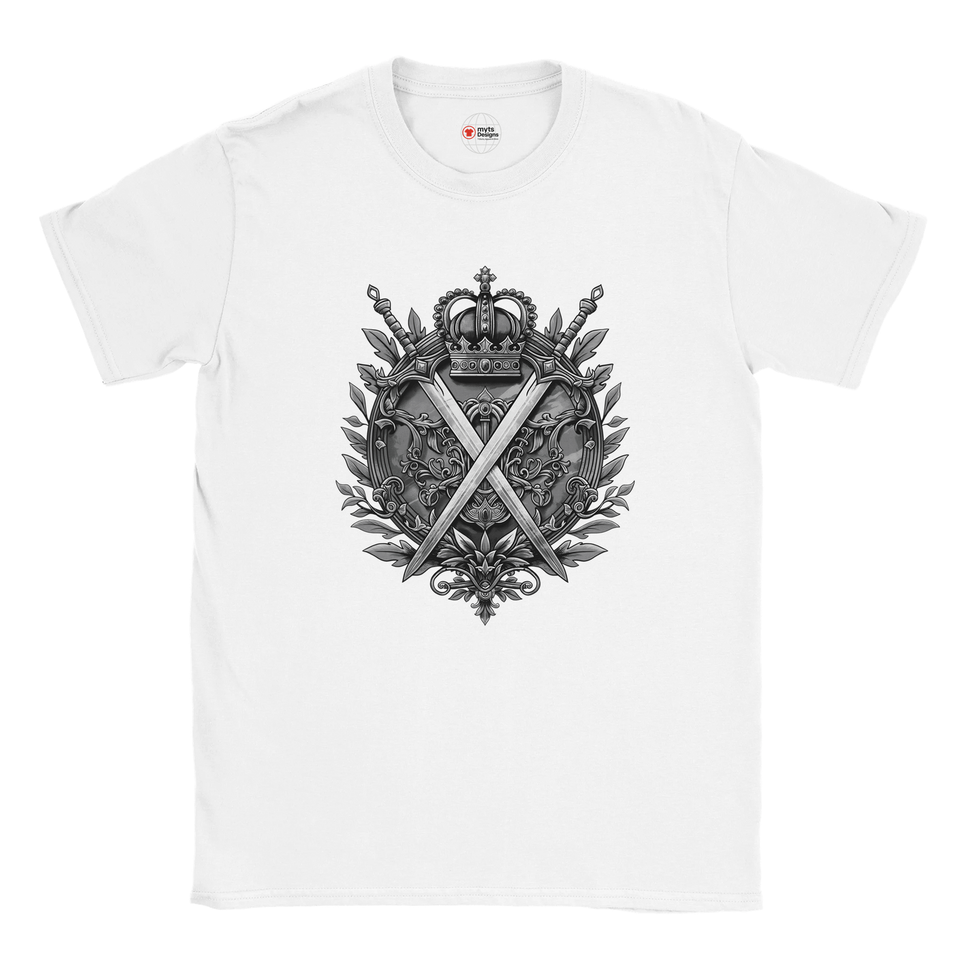 White t-shirt with a black and gray emblem design on a white background