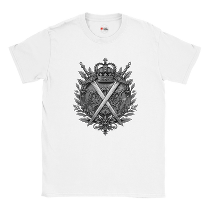 White t-shirt with a black and gray emblem design on a white background
