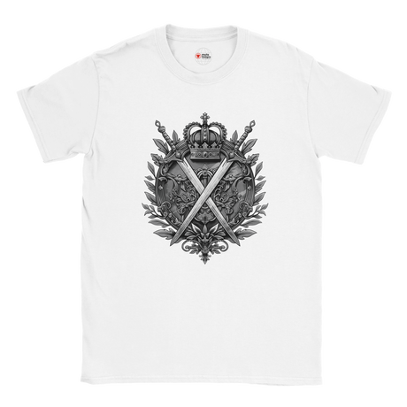 White t-shirt with a black and gray emblem design on a white background
