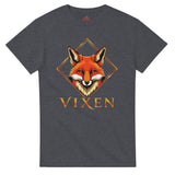 Dark Heather  t-shirt with a colorful skull design on a white background