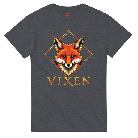 Dark Heather  t-shirt with a colorful skull design on a white background
