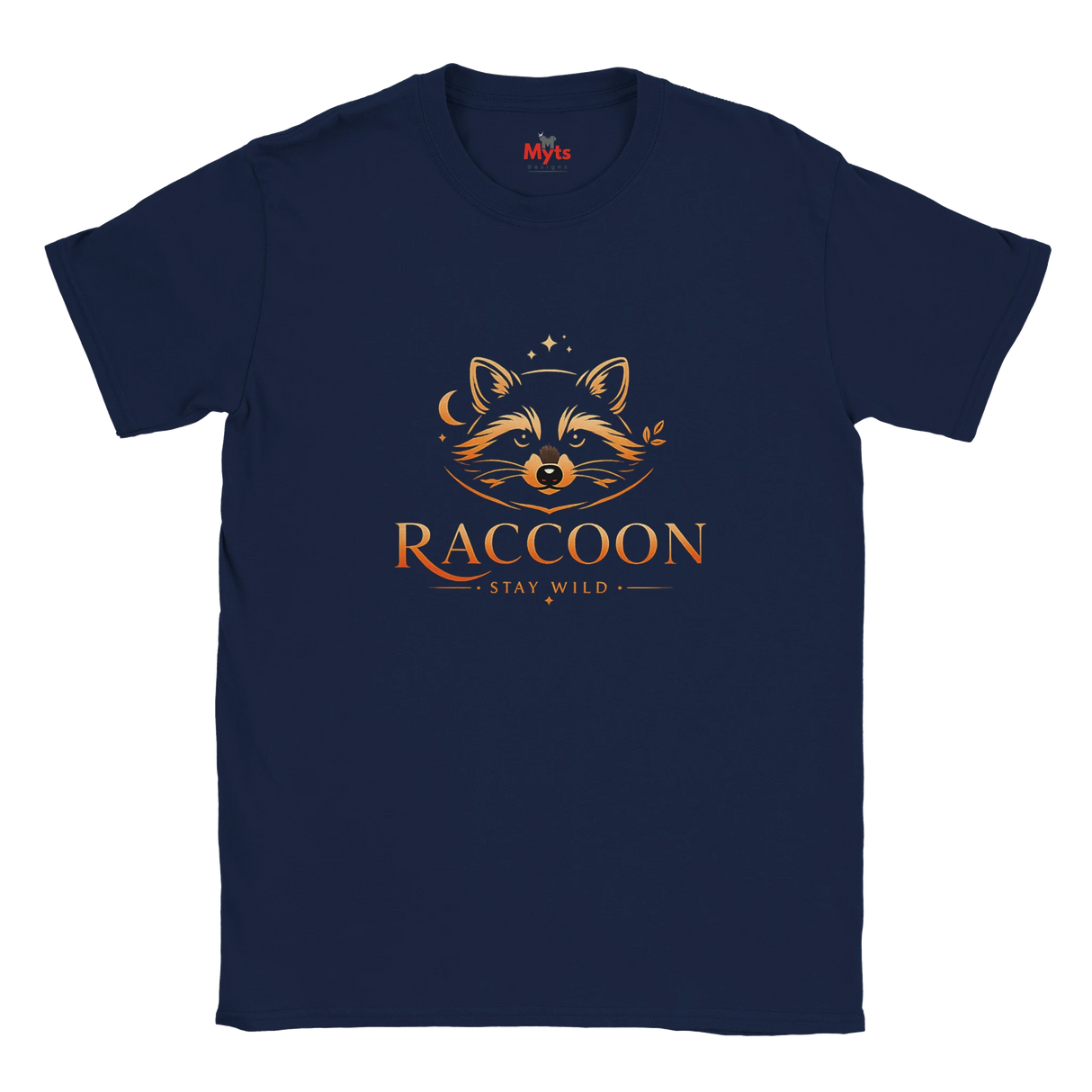A navy blue short-sleeve t-shirt with a graphic of a raccoon's face in orange and brown, with the text 'RACCOON' and 'STAY WILD' underneath, displayed on a clean white background.