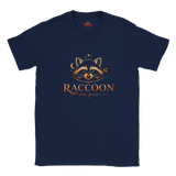 A navy blue short-sleeve t-shirt with a graphic of a raccoon's face in orange and brown, with the text 'RACCOON' and 'STAY WILD' underneath, displayed on a clean white background.