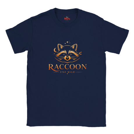 A navy blue short-sleeve t-shirt with a graphic of a raccoon's face in orange and brown, with the text 'RACCOON' and 'STAY WILD' underneath, displayed on a clean white background.