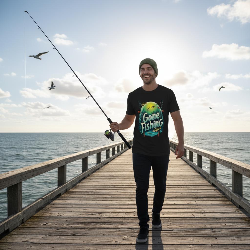 Man walking on a wooden pier holding a fishing rod, wearing a 'Gone Fishing' t-shirt.