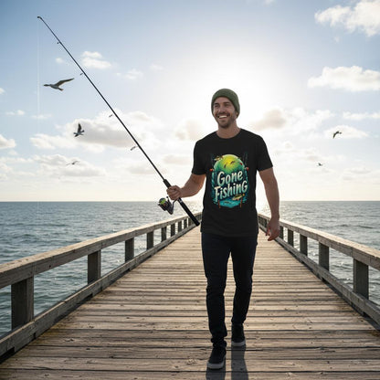 Man walking on a wooden pier holding a fishing rod, wearing a 'Gone Fishing' t-shirt.