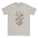 An Ice Grey minimalist poppy flower T-shirt featuring delicate neutral botanical floral line art by MytsDesigns.