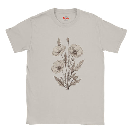 An Ice Grey minimalist poppy flower T-shirt featuring delicate neutral botanical floral line art by MytsDesigns.