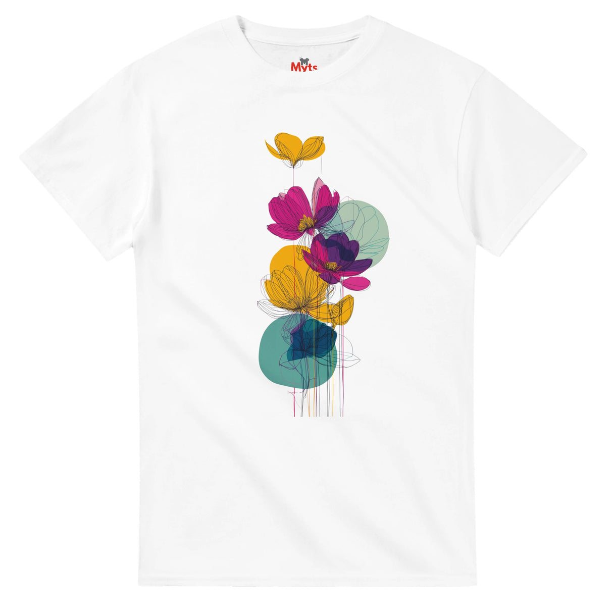 White t-shirt with colorful floral design on a white background