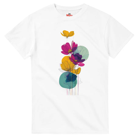 White t-shirt with colorful floral design on a white background
