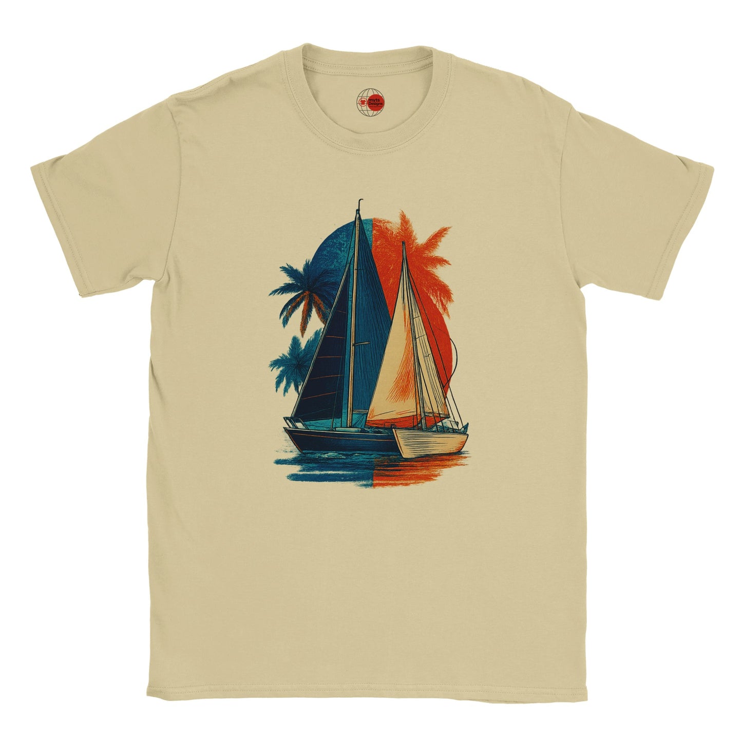 Natural t-shirt with a sailboat and palm tree design on a white background