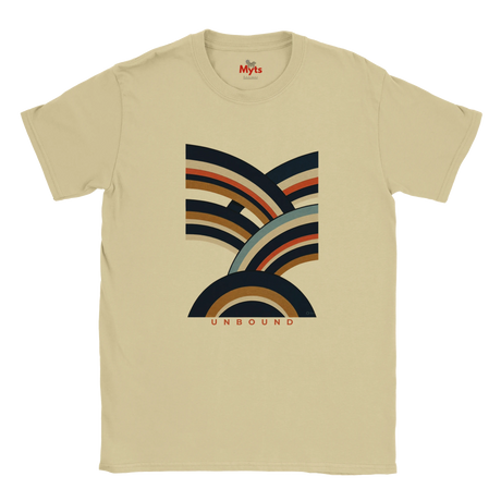 A Sand short-sleeve crewneck t-shirt featuring a retro-style multicolor graphic on the chest with concentric arches in navy, tan, orange, and light blue, and the word 'UNBOUND' printed below. The inner collar shows the red and white 'Myts' brand logo.
