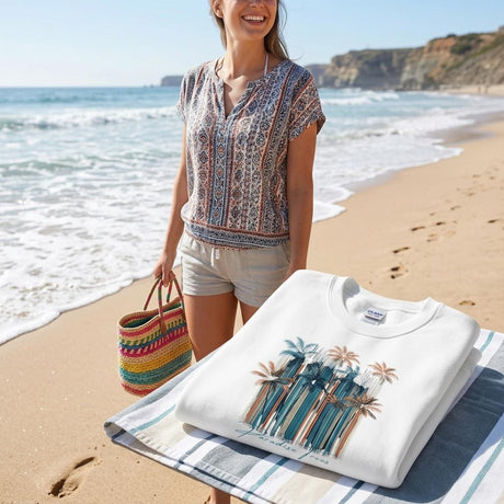Woman on a beach with a colorful bag and a white sweatshirt with palm tree design.