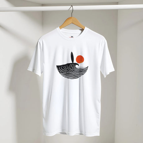 White t-shirt with a black and red design on a hanger against a white wall