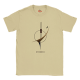 A Sand crewneck T-shirt with a minimalist graphic print in the center. The graphic features a circular motif with a curved brown and black line, and the word 'UNBOUND' printed below in a dotted font.