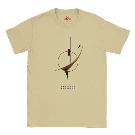 A Sand crewneck T-shirt with a minimalist graphic print in the center. The graphic features a circular motif with a curved brown and black line, and the word 'UNBOUND' printed below in a dotted font.