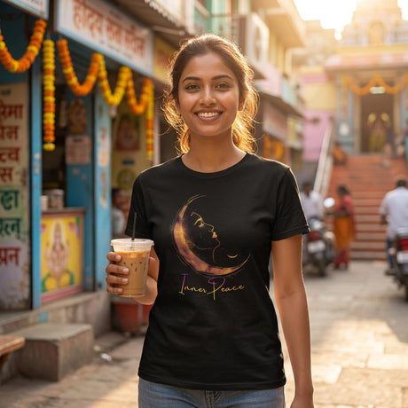 Woman wearing a black t-shirt with a design and text, holding a cup, standing on a street.