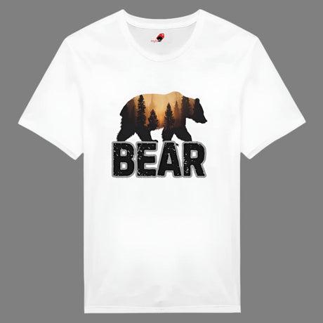 A white unisex t-shirt with a bold black bear graphic and the word 'BEAR' below it, set against a wilderness backdrop.