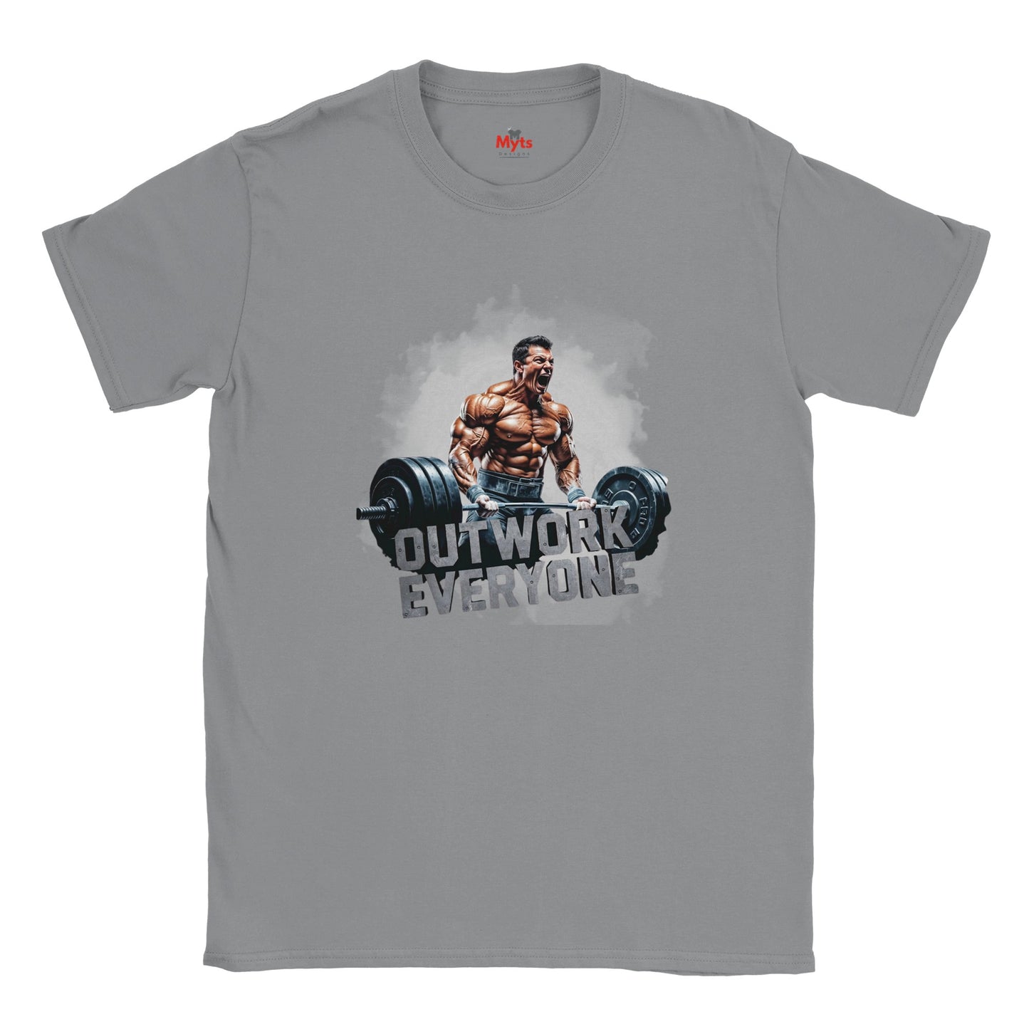 Gray t-shirt with a graphic of a muscular man lifting weights and the text 'Outwork Everyone' on a white background.