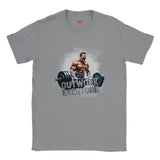 Gray t-shirt with a graphic of a muscular man lifting weights and the text 'Outwork Everyone' on a white background.
