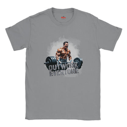 Gray t-shirt with a graphic of a muscular man lifting weights and the text 'Outwork Everyone' on a white background.