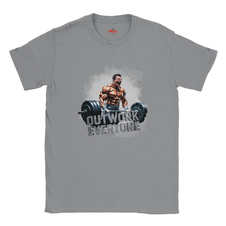 Gray t-shirt with a graphic of a muscular man lifting weights and the text 'Outwork Everyone' on a white background.