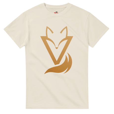 Black T-shirt with a gold Fox & Tail V Logo minimalist design 