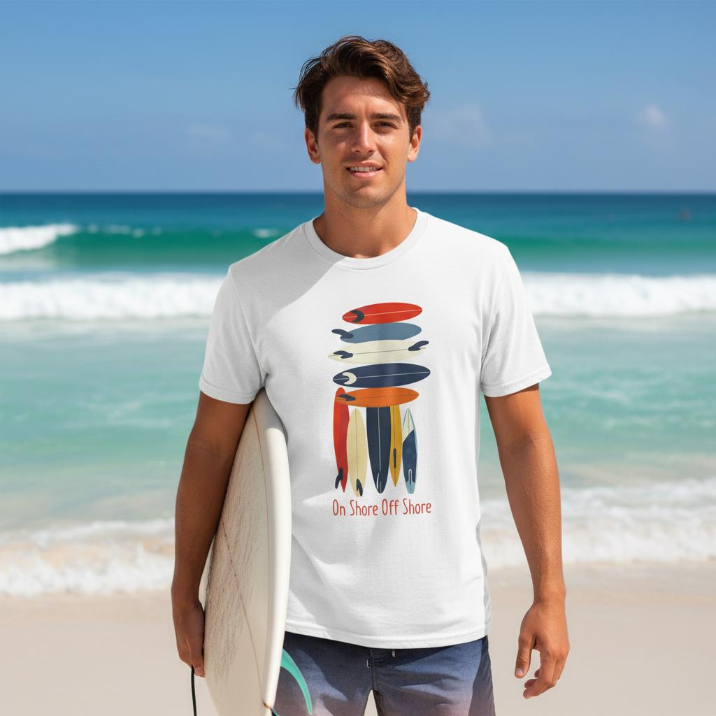 Man holding a surfboard on a beach wearing a white t-shirt with colorful design and text.
