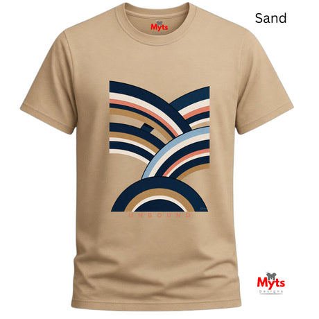 A sand-colored crewneck t-shirt with a retro multi-colored striped graphic on the front, displayed on a clean white background with 'Myts' branding.