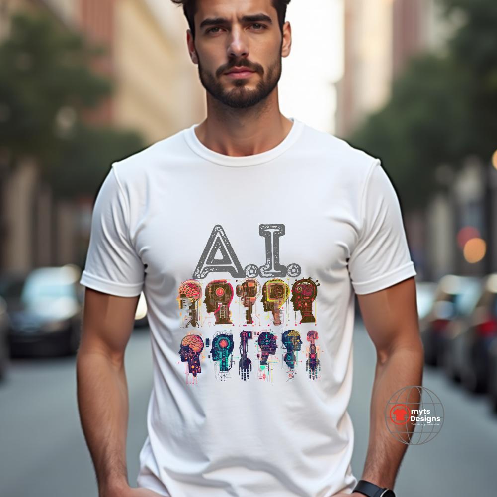 Man wearing a white t-shirt with colorful futuristic robot head graphics and “A.I.” text, perfect for tech enthusiasts and lovers of artificial intelligence-inspired fashion.
