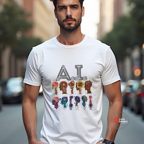 Man wearing a white t-shirt with colorful futuristic robot head graphics and “A.I.” text, perfect for tech enthusiasts and lovers of artificial intelligence-inspired fashion.