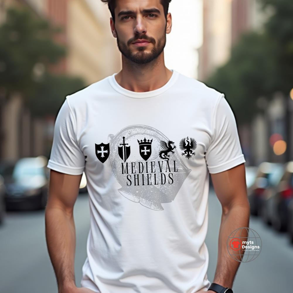 Man wearing a white t-shirt with medieval shield emblems and knight’s helmet graphic, designed for history lovers and fantasy enthusiasts.