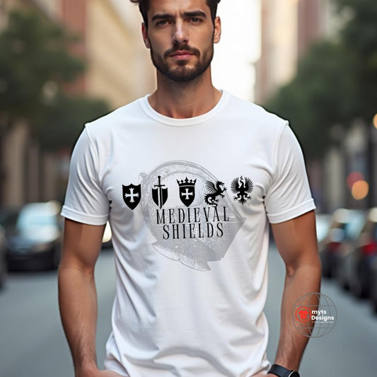 Man wearing a white t-shirt with medieval shield emblems and knight’s helmet graphic, designed for history lovers and fantasy enthusiasts.