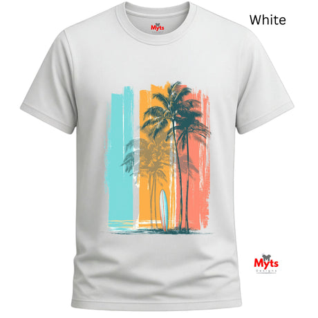 White t-shirt with palm tree design and 'Myts' branding on a white background