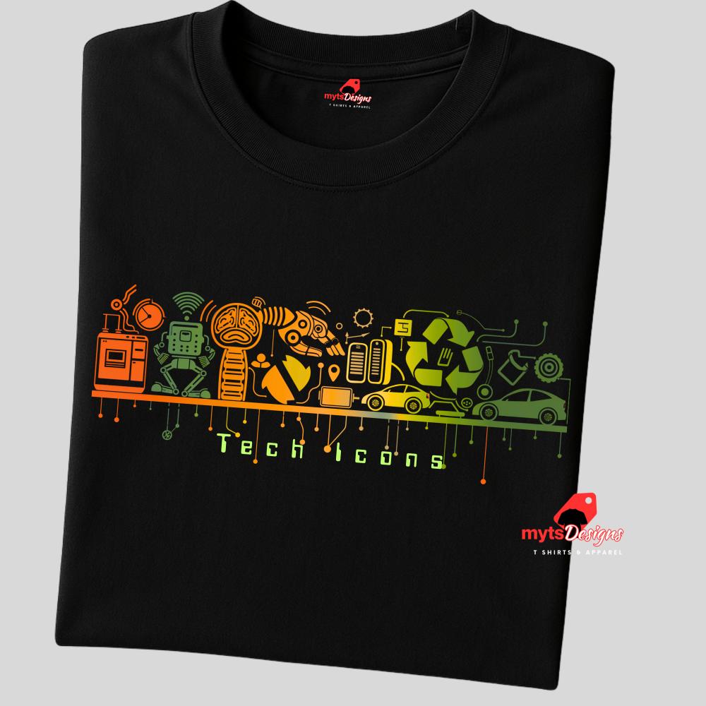 Folded Black t-shirt with colorful graphic design on a gray background