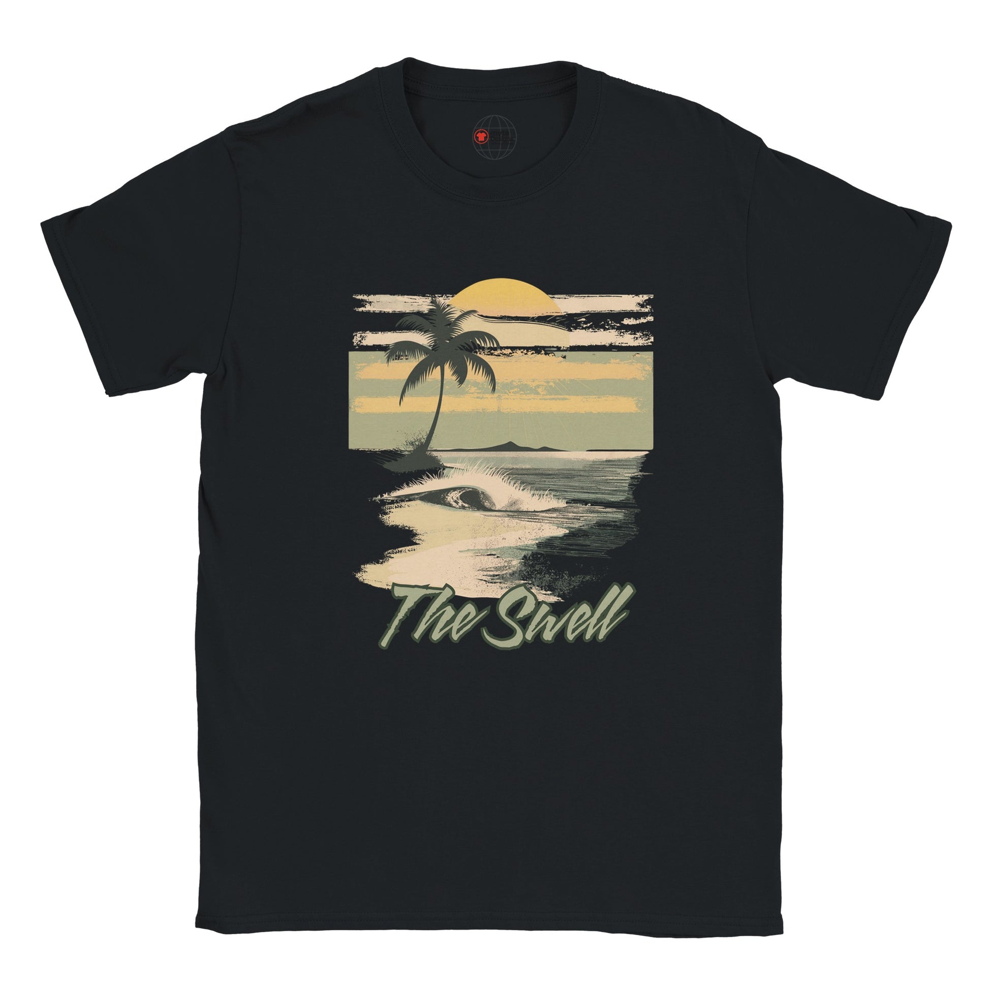 Black t-shirt with a tropical graphic design featuring a palm tree and sunset on a white background.