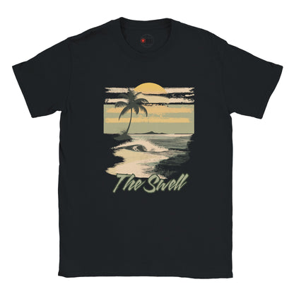 Black t-shirt with a tropical graphic design featuring a palm tree and sunset on a white background.