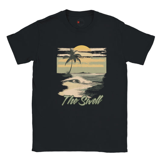 Black t-shirt with a tropical graphic design featuring a palm tree and sunset on a white background.