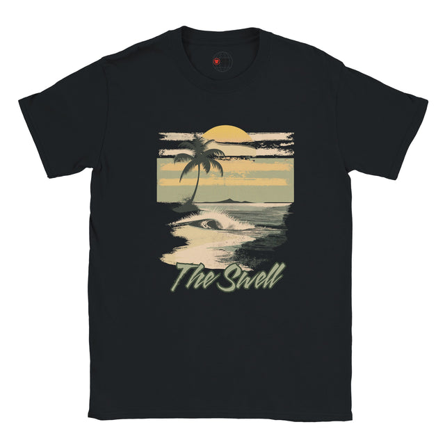Black t-shirt with a tropical graphic design featuring a palm tree and sunset on a white background.