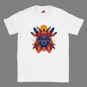 Front view of T-shirt with American Indian-style geometric vector design on white cotton fabric – soft unisex fit